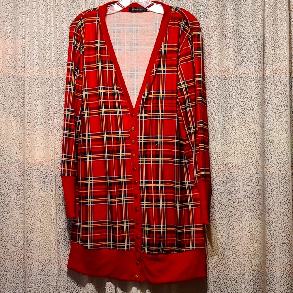 Preloved Bright Red/Yellow Plaid Long Sz XL Jacket